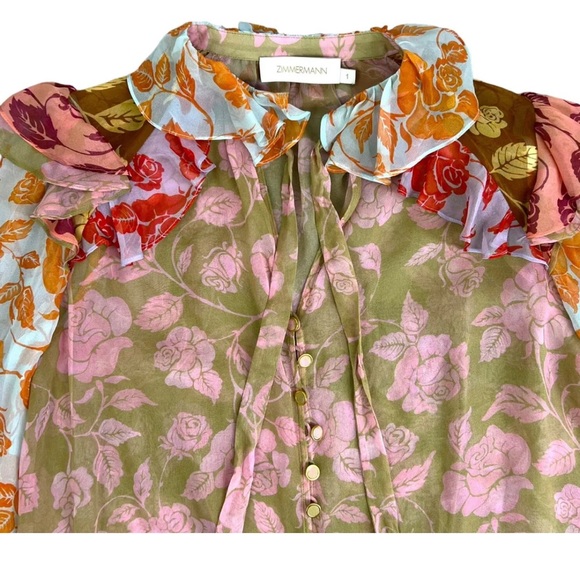 Zimmermann The Lovestruck Ruffle Silk Shirt Floral Roses Sheer blouse size 1 - Picture 5 of 12